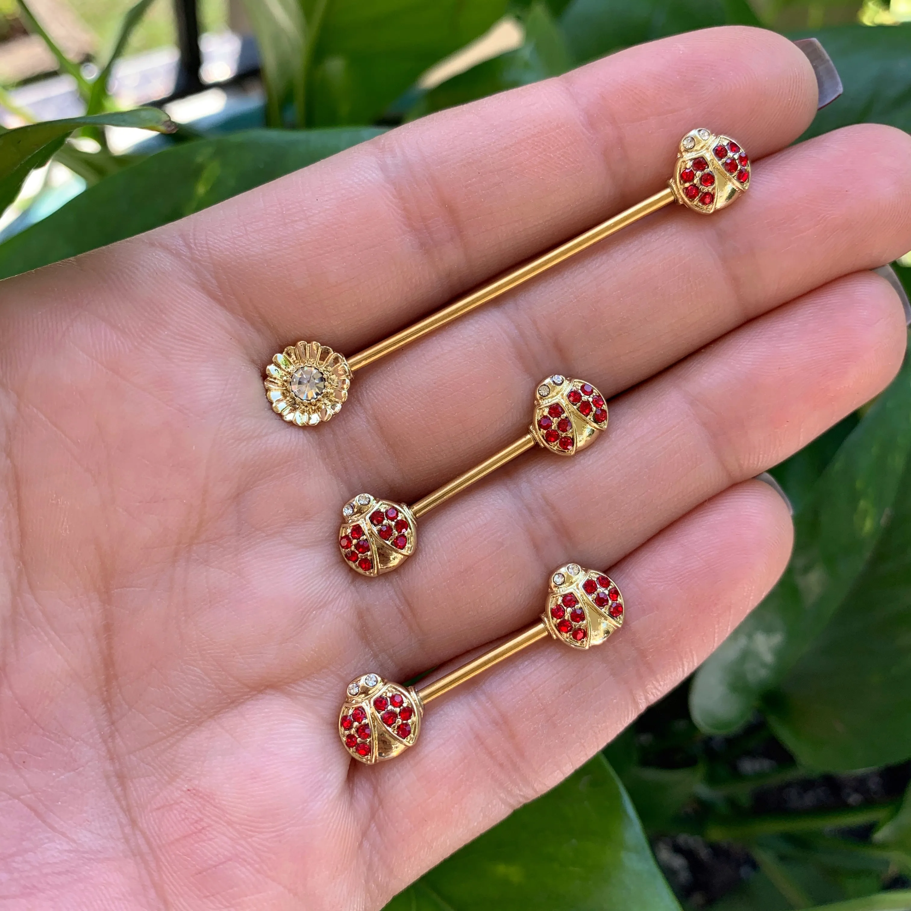 14 Gauge 9/16 Clear Red Gem Gold Tone Ladybug Barbell Nipple Ring Set