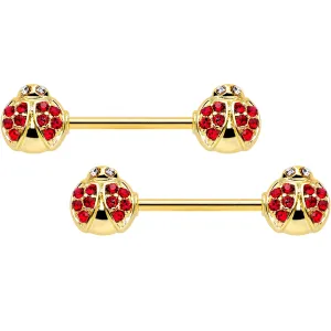 14 Gauge 9/16 Clear Red Gem Gold Tone Ladybug Barbell Nipple Ring Set