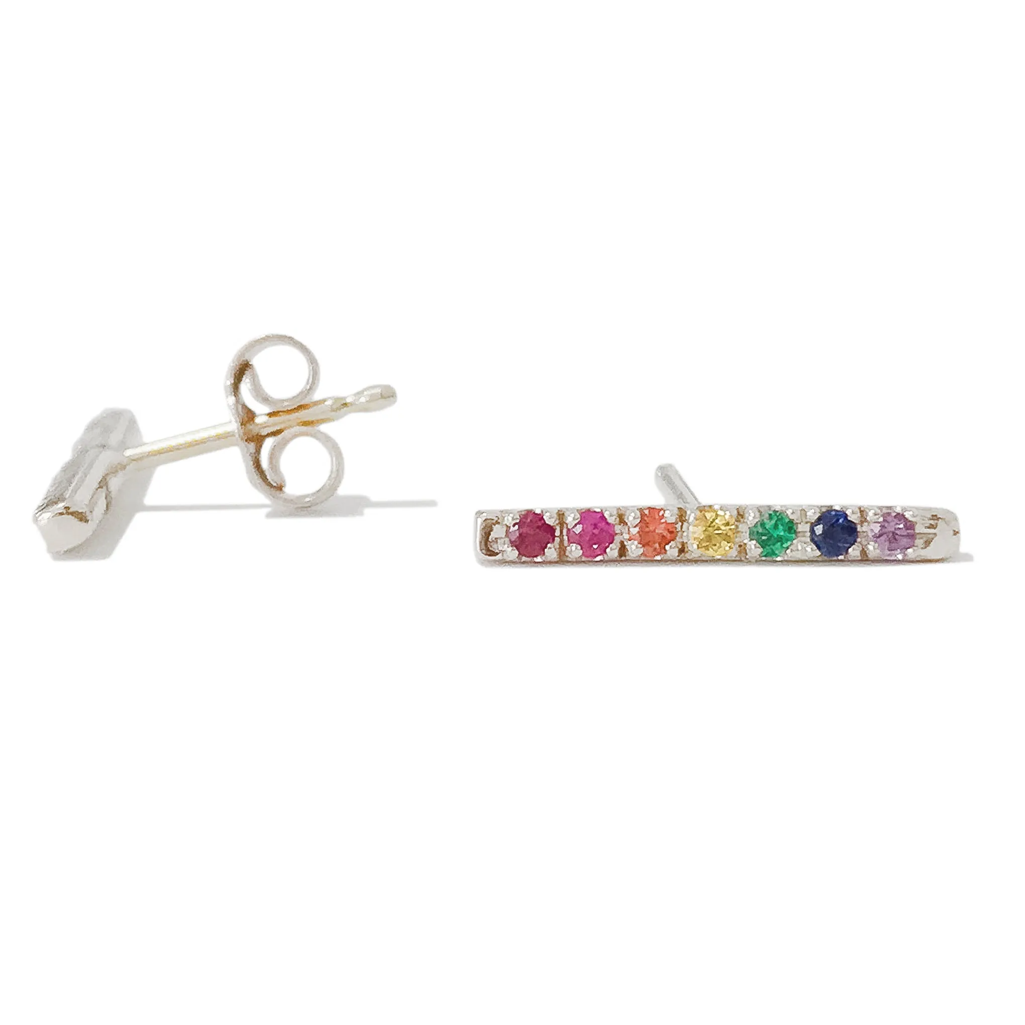 14K Gold Large Pavé Rainbow Gemstone Bar Stud Earrings