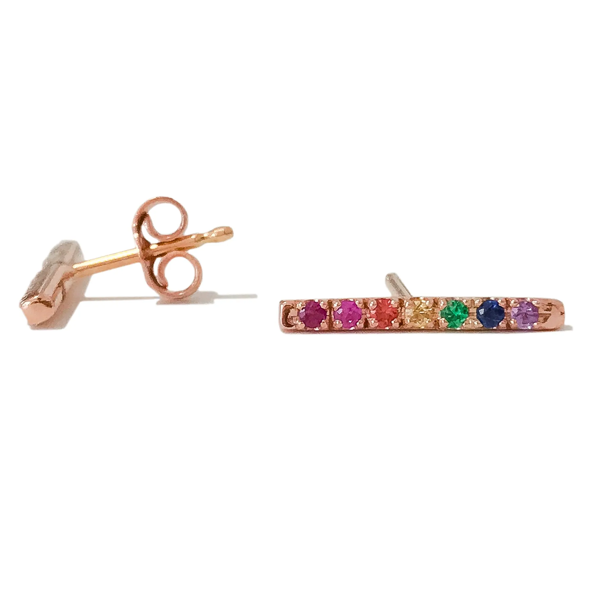 14K Gold Large Pavé Rainbow Gemstone Bar Stud Earrings