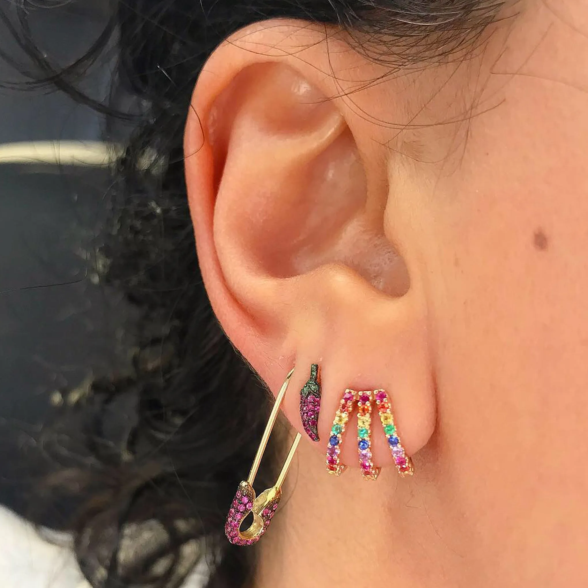 14K Gold Pavé Rainbow Gemstone 3 Row Hoop Stud Earrings