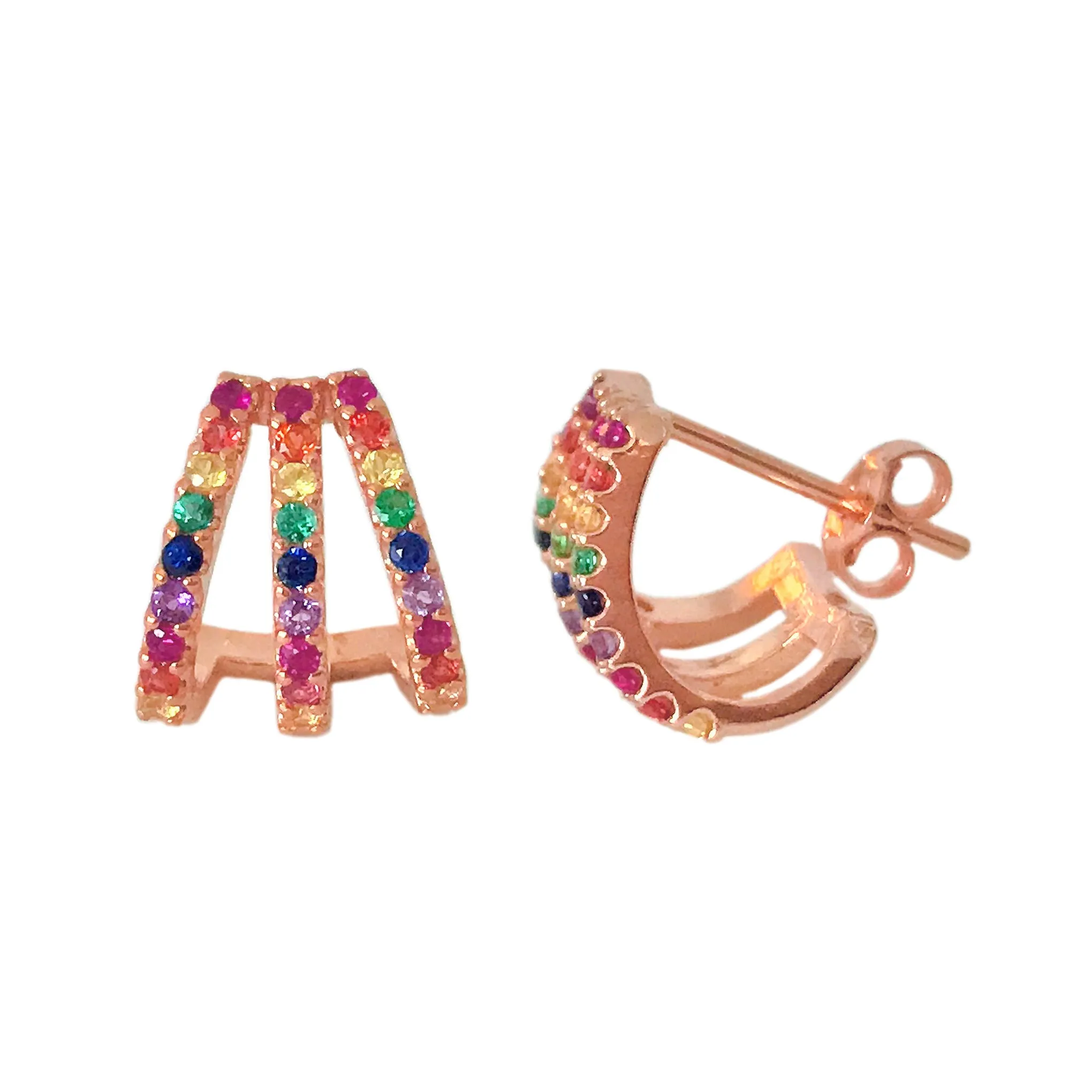 14K Gold Pavé Rainbow Gemstone 3 Row Hoop Stud Earrings