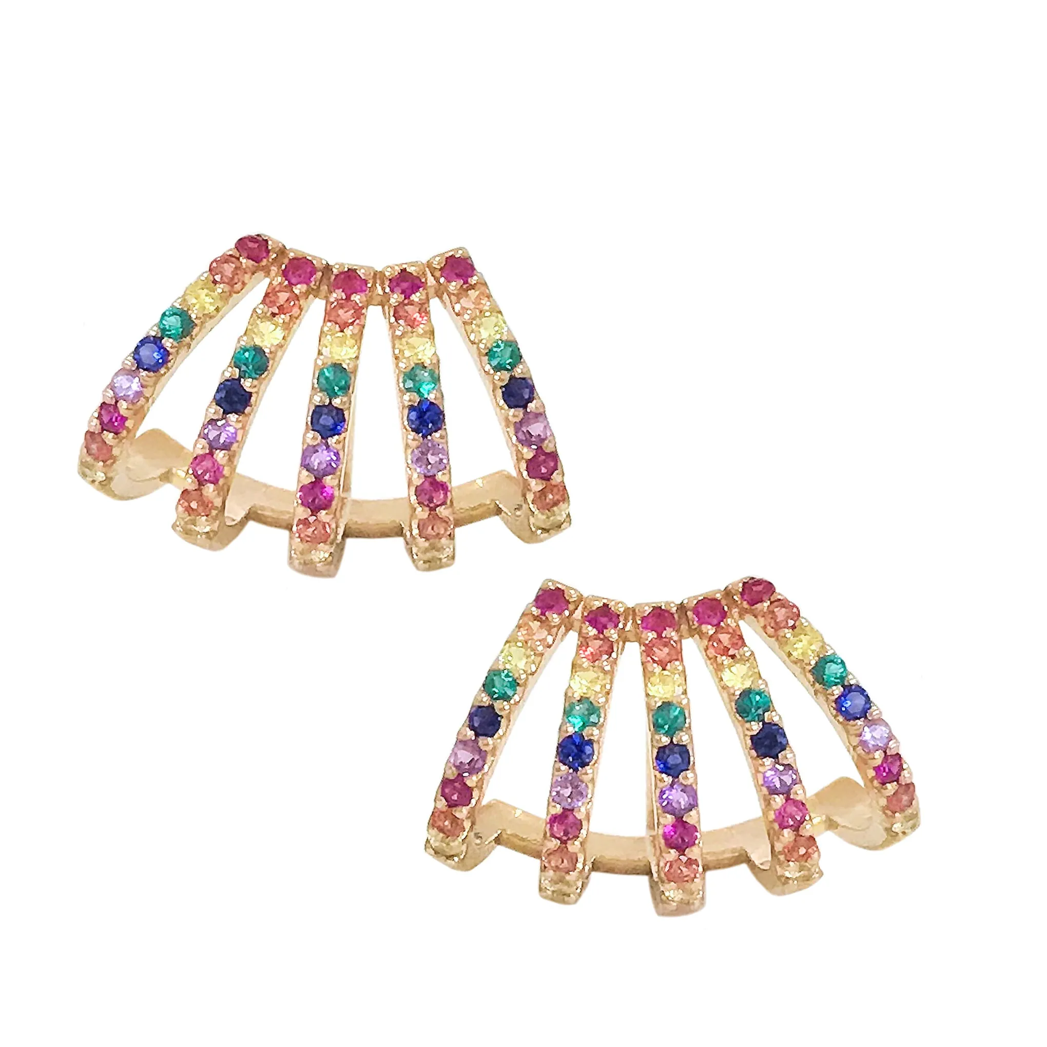 14K Gold Pavé Rainbow Gemstone 5 Row Hoop Stud Earrings
