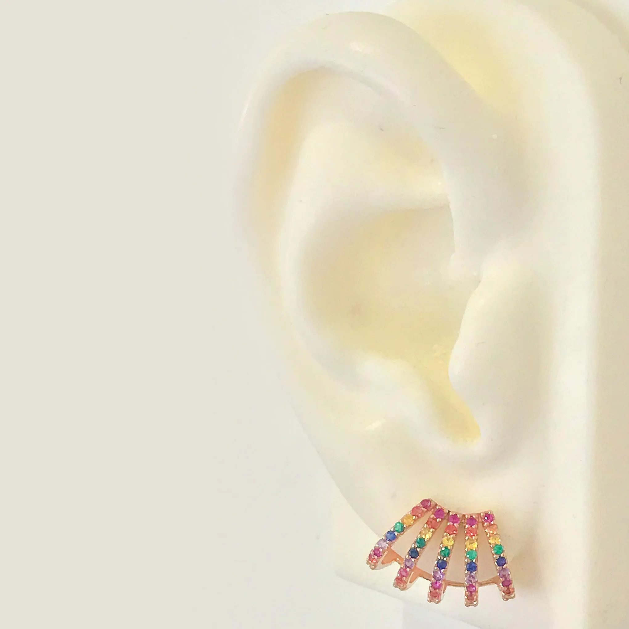 14K Gold Pavé Rainbow Gemstone 5 Row Hoop Stud Earrings