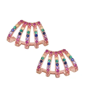 14K Gold Pavé Rainbow Gemstone 5 Row Hoop Stud Earrings