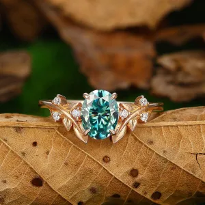 1.5 CT Oval Cut Blue Moissanite Sliver Leaf Vines Shape Engagement Ring