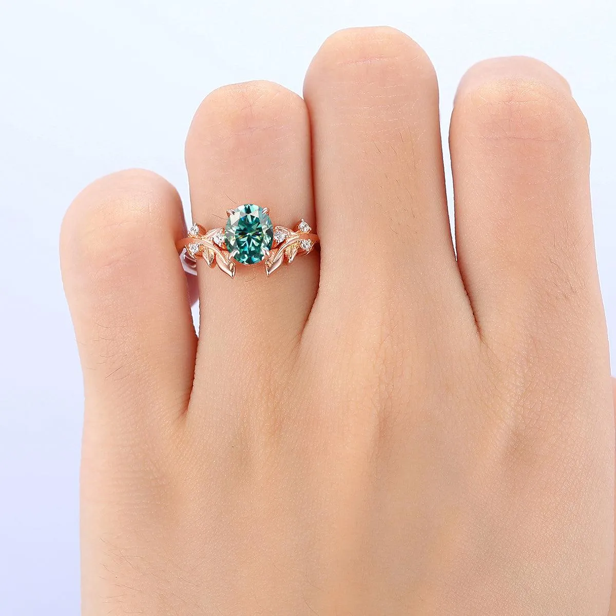 1.5 CT Oval Cut Blue Moissanite Sliver Leaf Vines Shape Engagement Ring