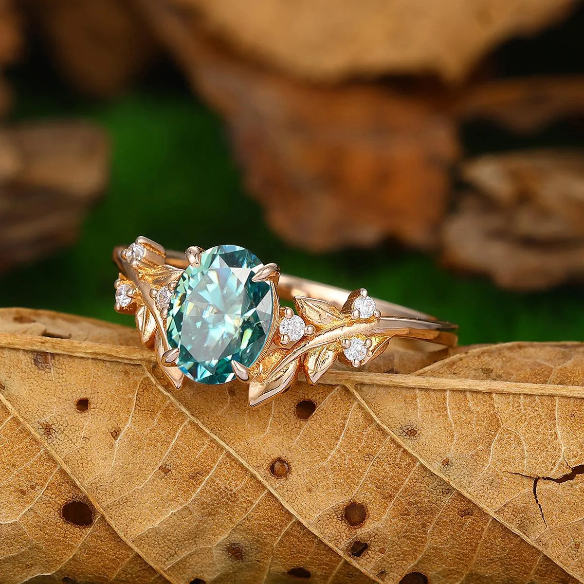 1.5 CT Oval Cut Blue Moissanite Sliver Leaf Vines Shape Engagement Ring