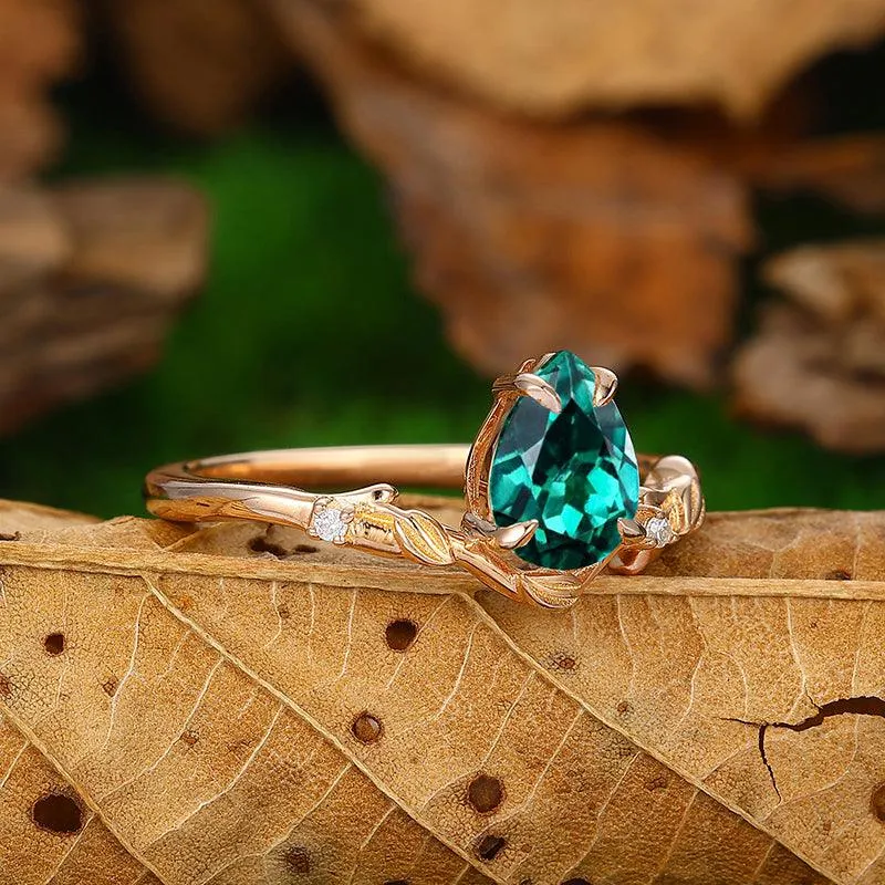 1.5 CT Pear Cut Minimalist twig and leaf 18k Rose Gold  Emerald Engagement Ring
