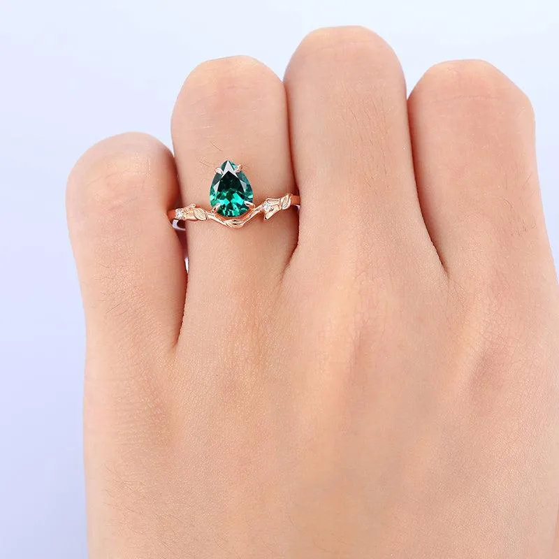 1.5 CT Pear Cut Minimalist twig and leaf 18k Rose Gold  Emerald Engagement Ring