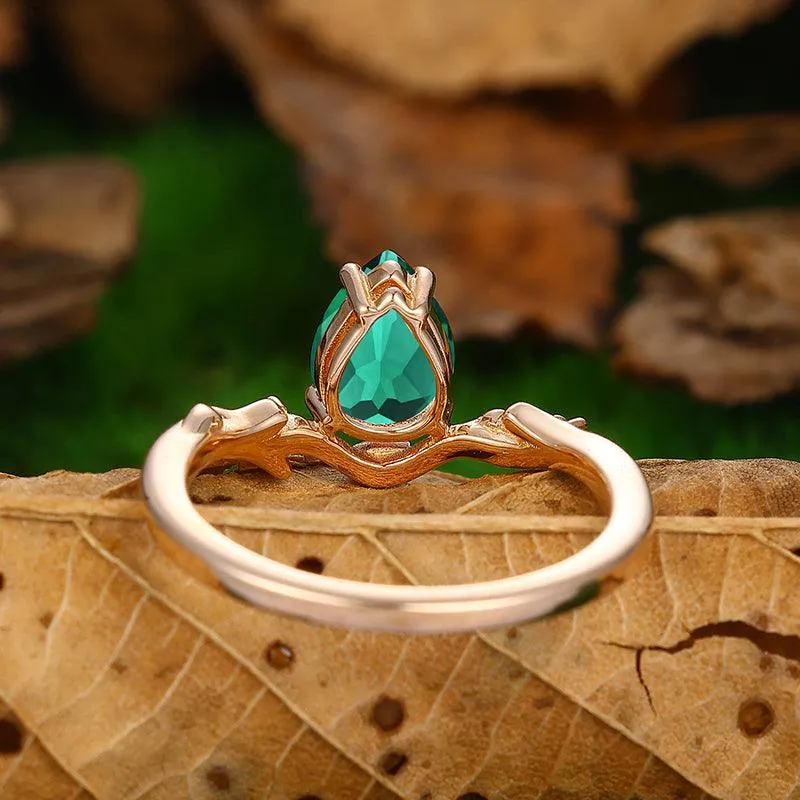 1.5 CT Pear Cut Minimalist twig and leaf 18k Rose Gold  Emerald Engagement Ring