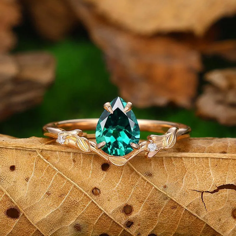 1.5 CT Pear Cut Minimalist twig and leaf 18k Rose Gold  Emerald Engagement Ring
