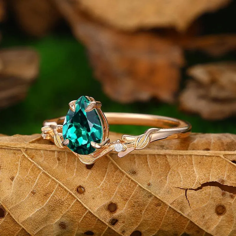 1.5 CT Pear Cut Minimalist twig and leaf 18k Rose Gold  Emerald Engagement Ring