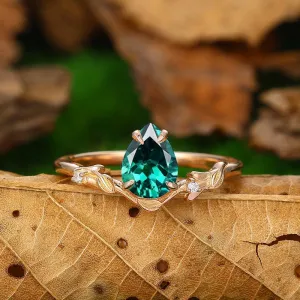 1.5 CT Pear Cut Minimalist twig and leaf 18k Rose Gold  Emerald Engagement Ring