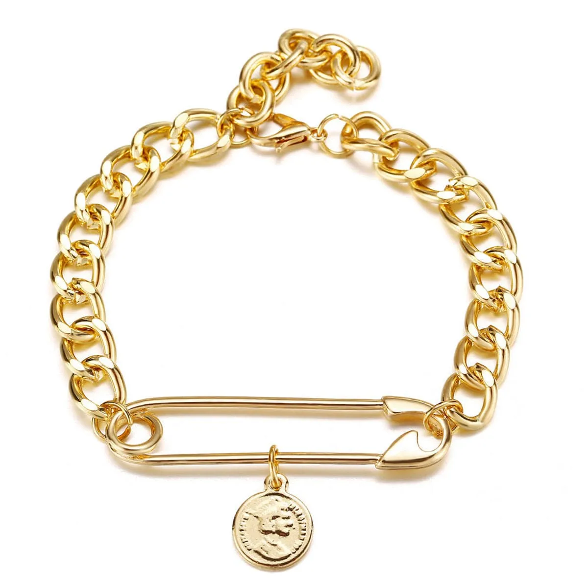 18K Gold-Plated Coin Charm Safety Pin Chain Bracelet