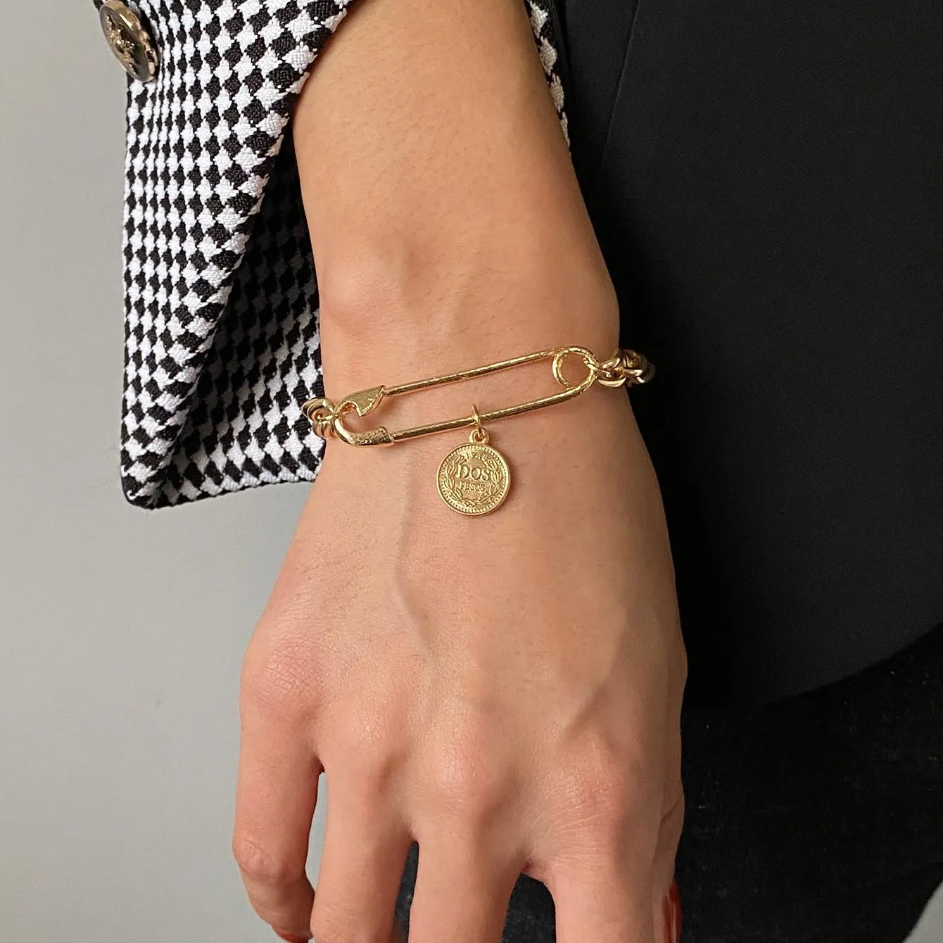 18K Gold-Plated Coin Charm Safety Pin Chain Bracelet