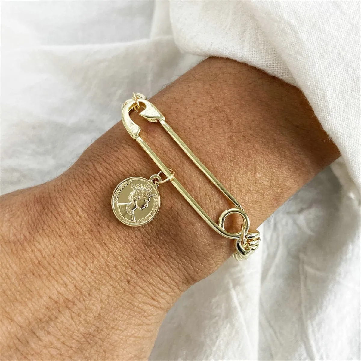 18K Gold-Plated Coin Charm Safety Pin Chain Bracelet