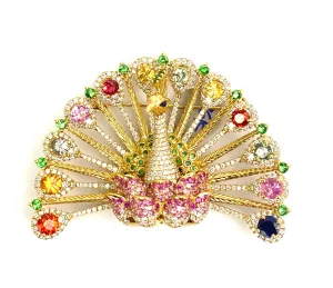 18k Yellow Gold Peacock Pendant or Pin with Diamonds and Sapphires