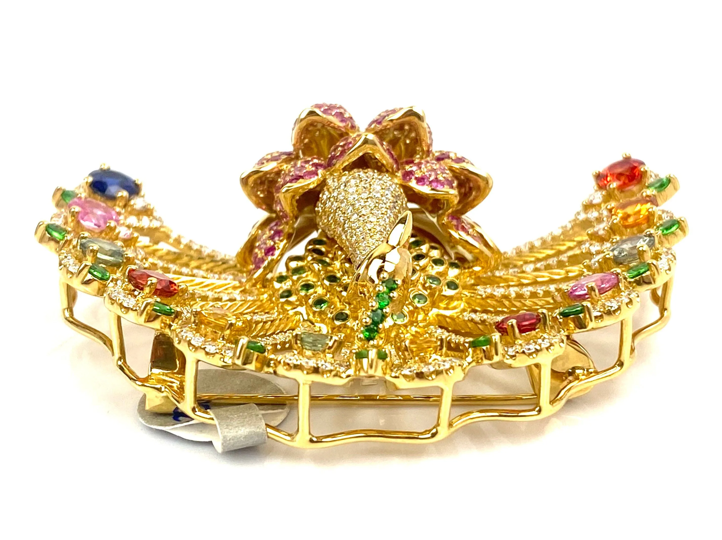 18k Yellow Gold Peacock Pendant or Pin with Diamonds and Sapphires