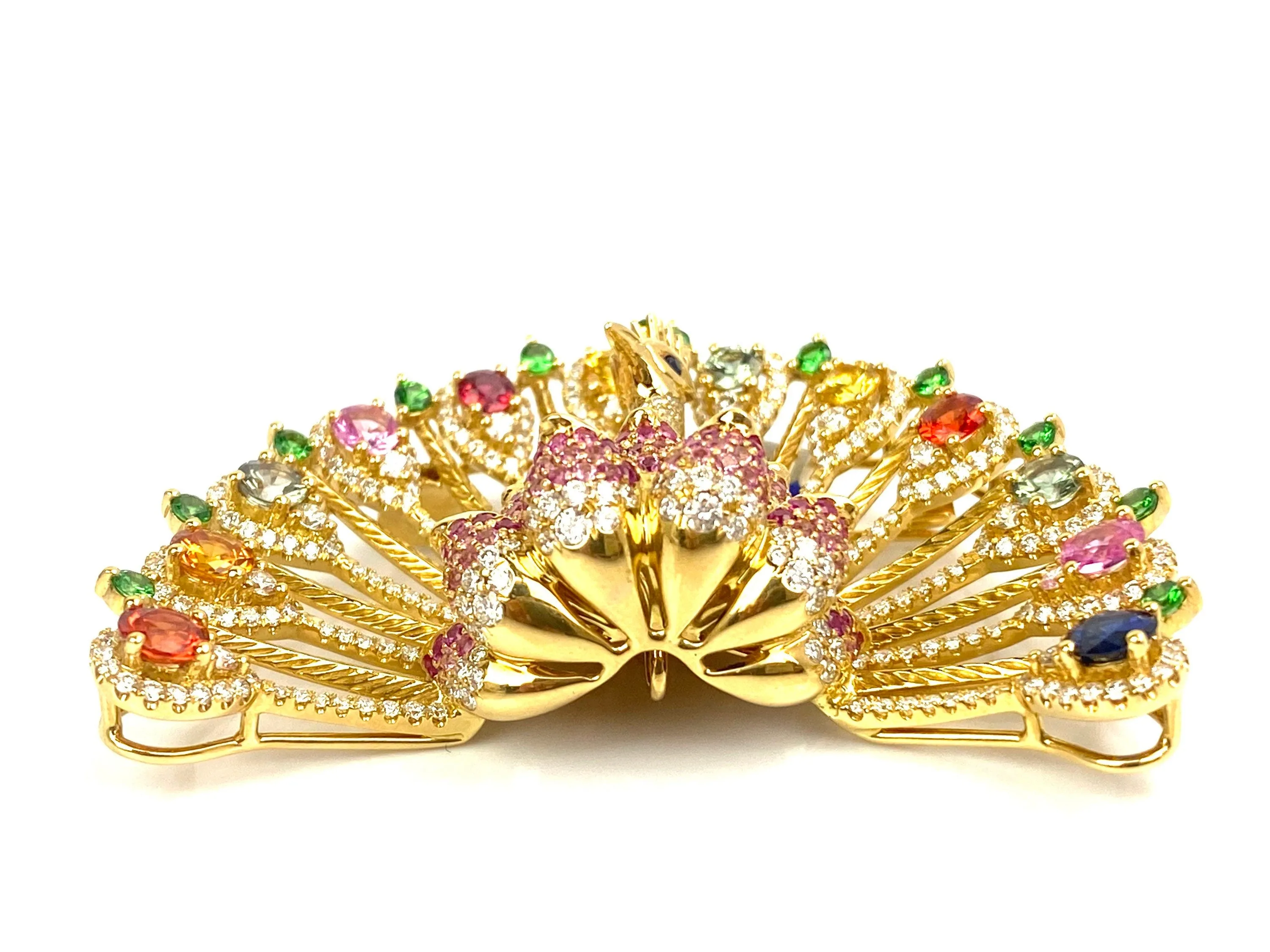 18k Yellow Gold Peacock Pendant or Pin with Diamonds and Sapphires