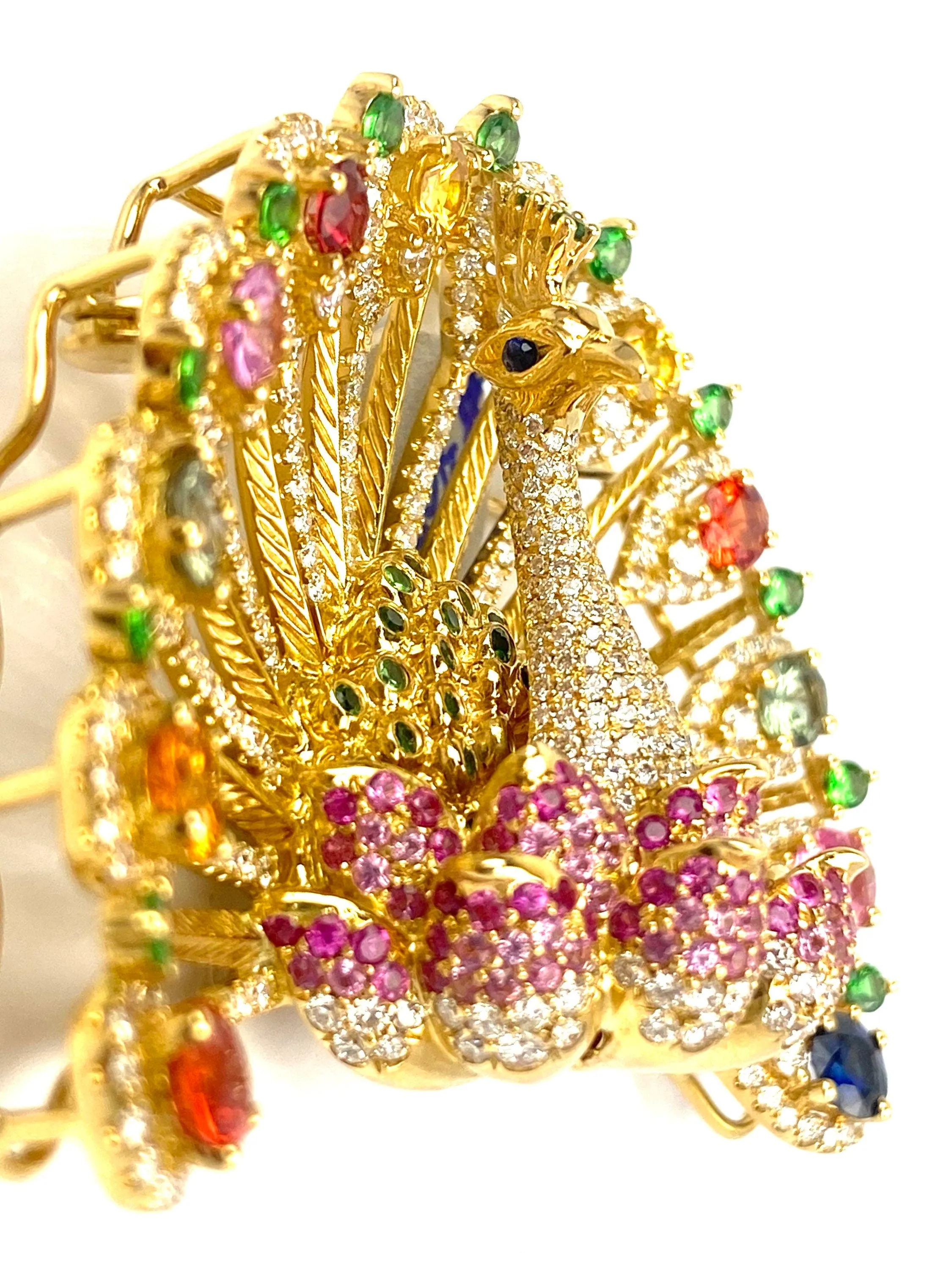 18k Yellow Gold Peacock Pendant or Pin with Diamonds and Sapphires