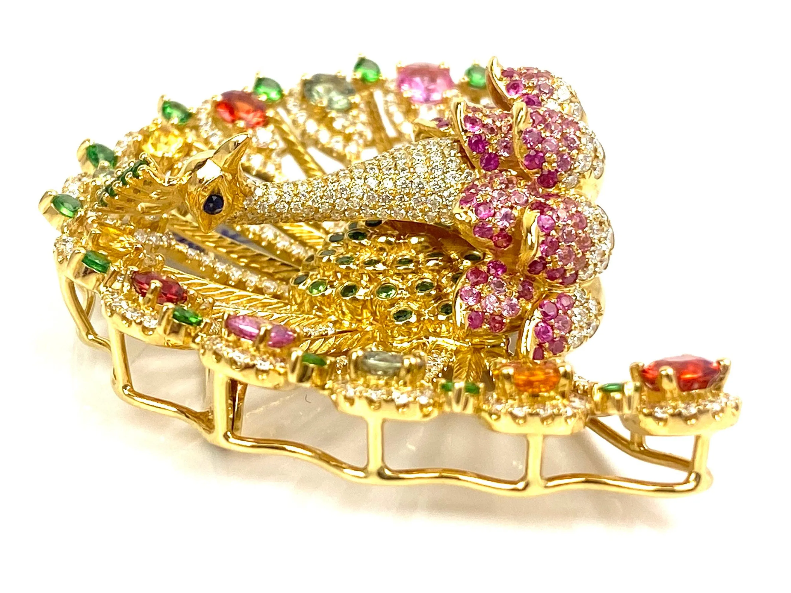 18k Yellow Gold Peacock Pendant or Pin with Diamonds and Sapphires