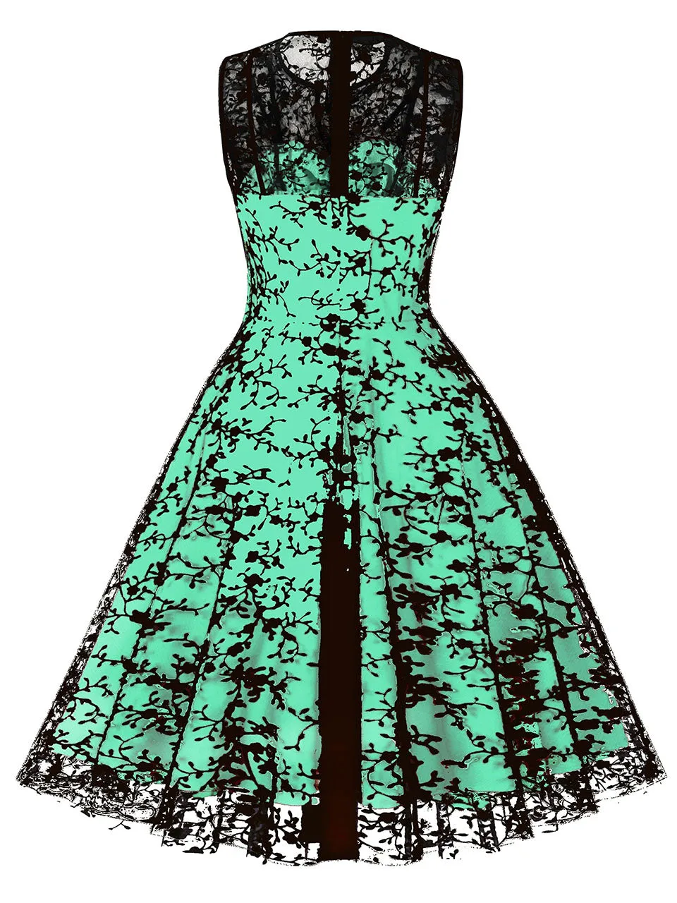 1950S Lace Semi-Sheer Flocking Printing Vintage Dress