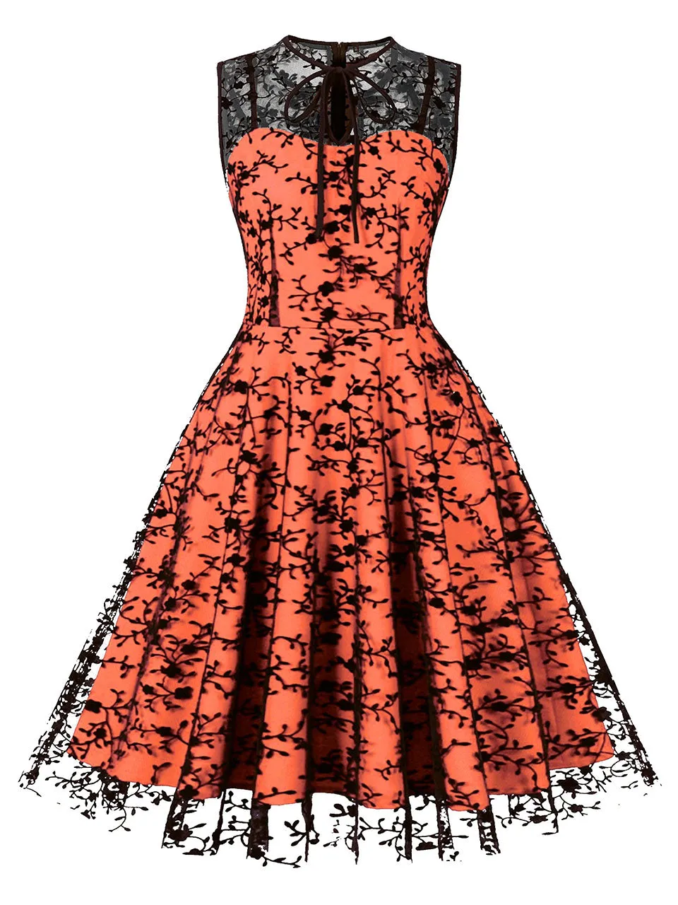 1950S Lace Semi-Sheer Flocking Printing Vintage Dress