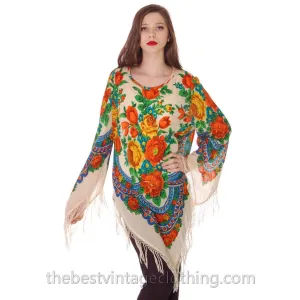 1960s Vintage Ethnic Fine Wool Tunic Blouse Fringe Floral Size O/S