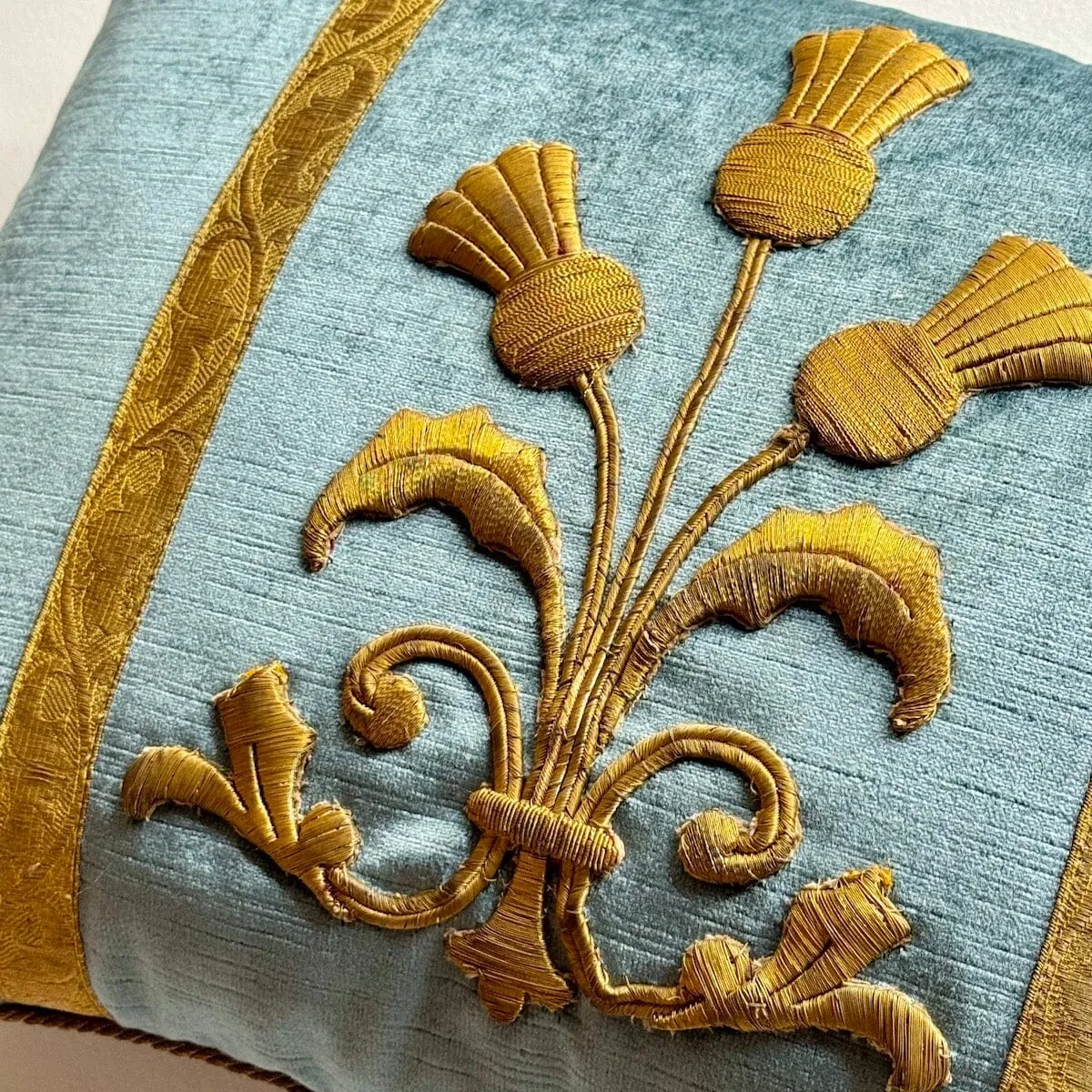 19th C. European Raised Gold Metallic Embroidery of Thistles (#E042624) | 13 x 18"