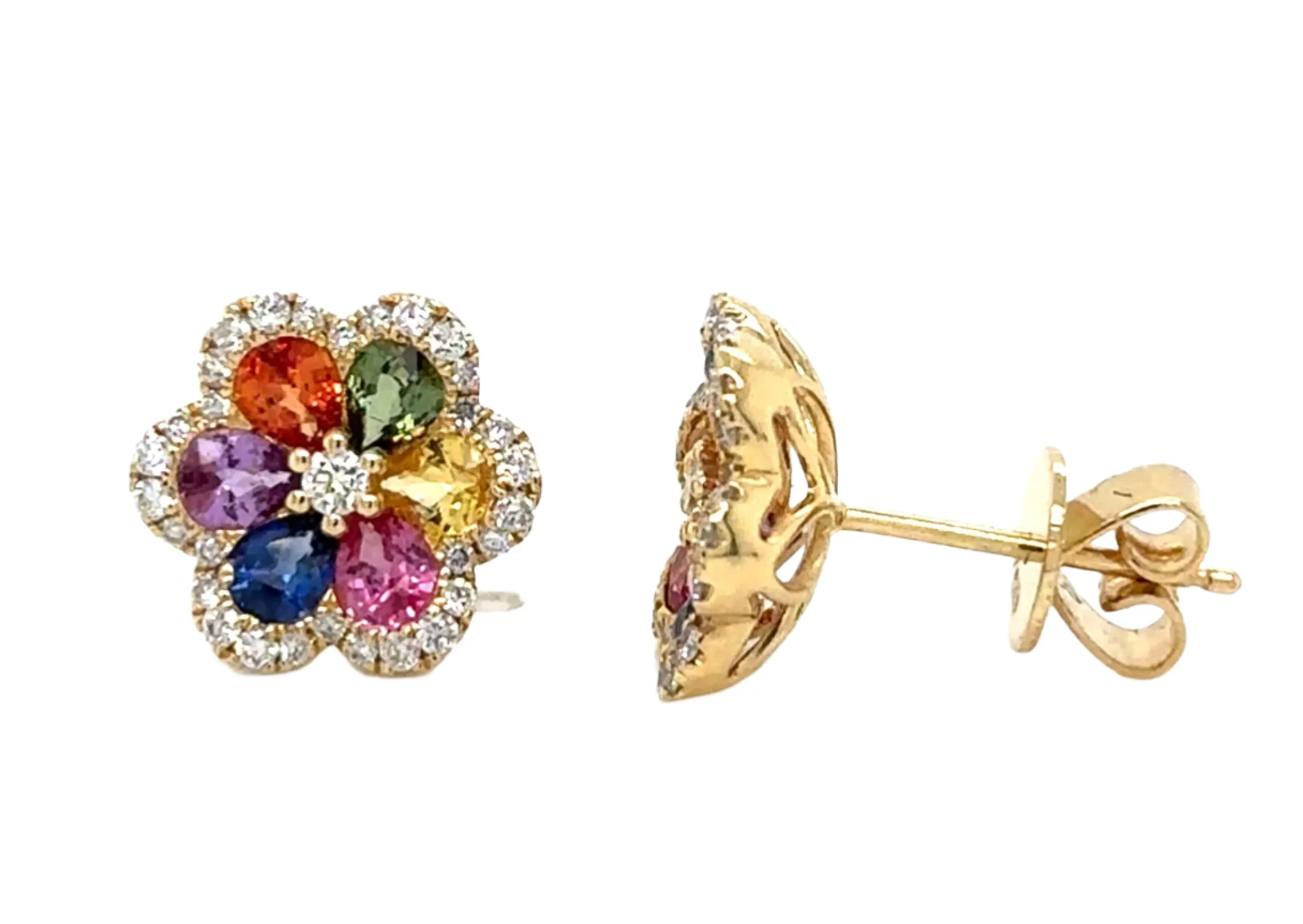 2.47ct tw Rainbow Sapphire and Diamond Flower Earrings