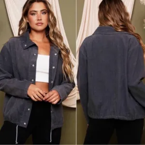 (32)🍁New Dark Grey Women's Corduroy Snap Button Down Fall Cute Trendy Shacket🍁