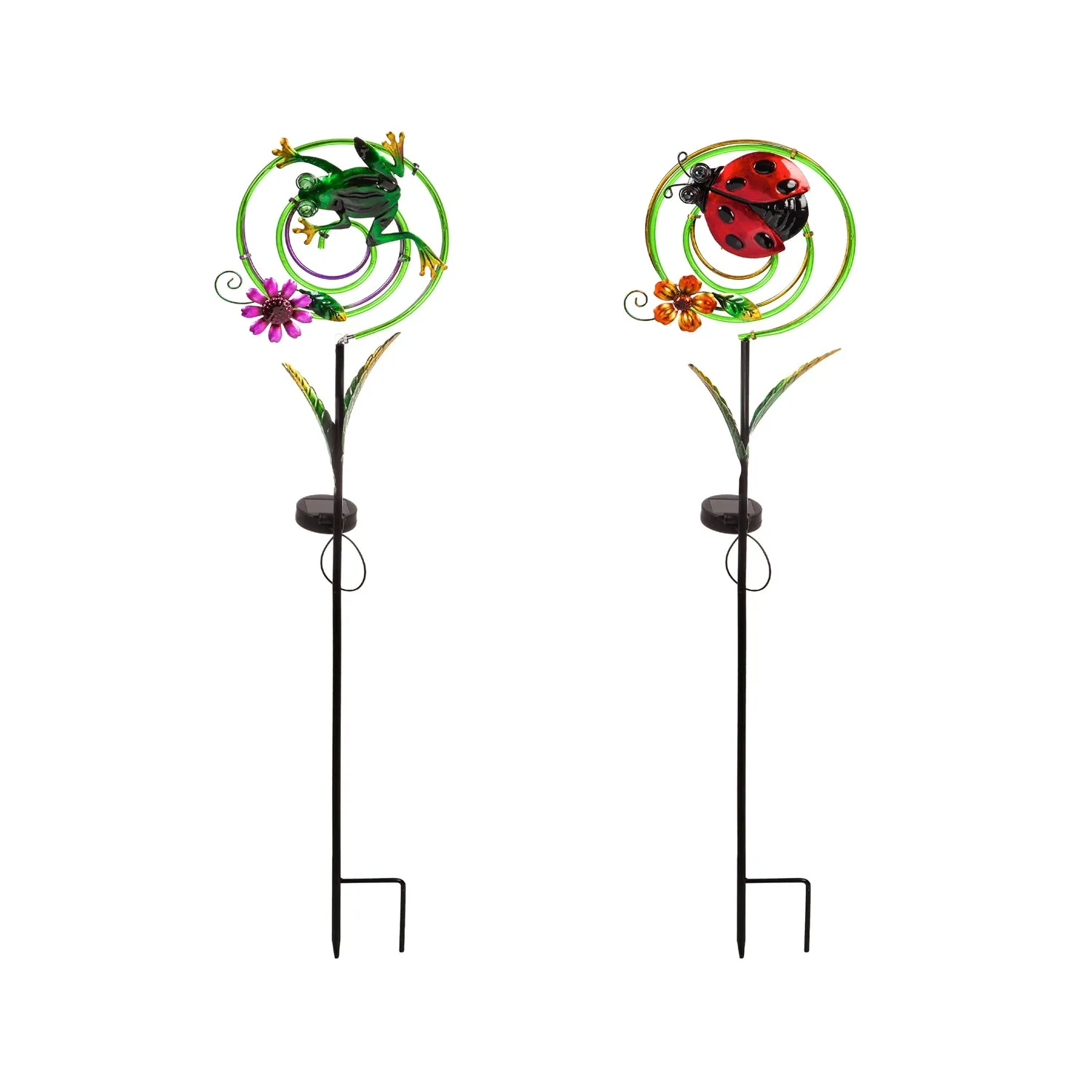 35.75"H Chasing Light Solar Swirl Garden Stake, 2 ASST., Frog/Ladybug,2sp6769