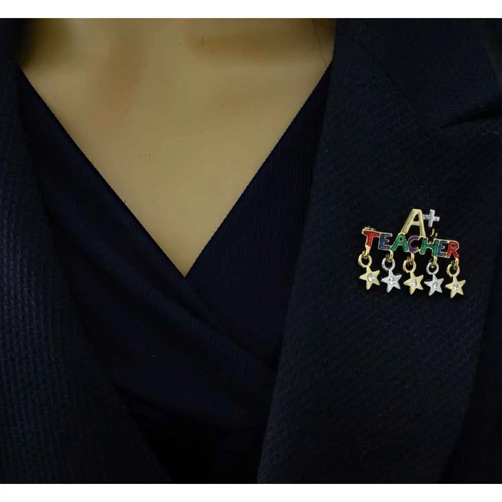 A  Teacher with Dangling Crystal Star Charms Brooch Pin - XP126