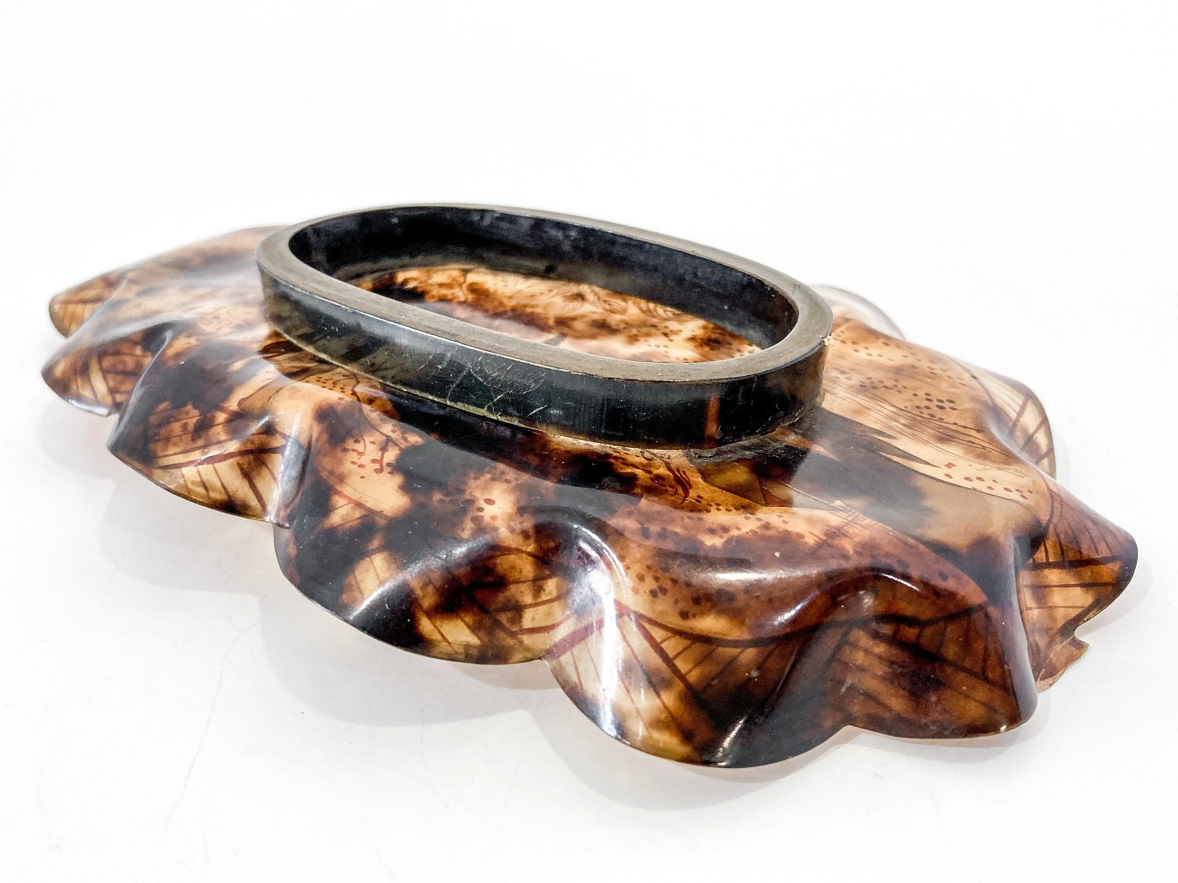 Antique Leaf Shape Gilt Crane Tortoise Shell Lacquer Dish Japanese Tray