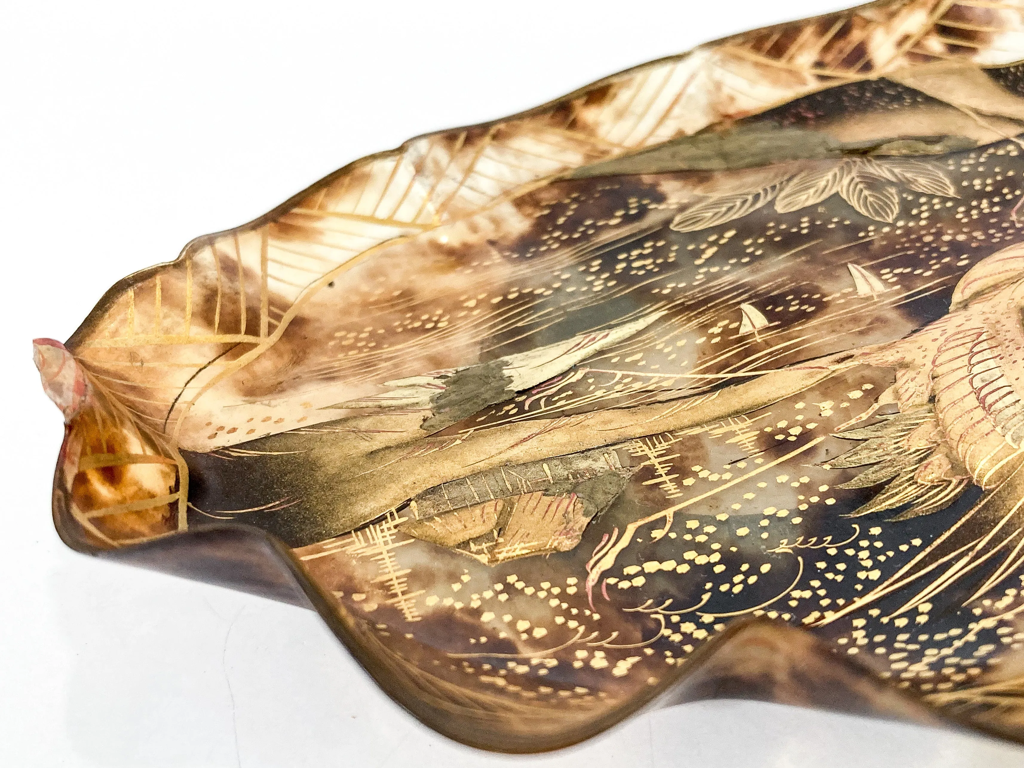 Antique Leaf Shape Gilt Crane Tortoise Shell Lacquer Dish Japanese Tray