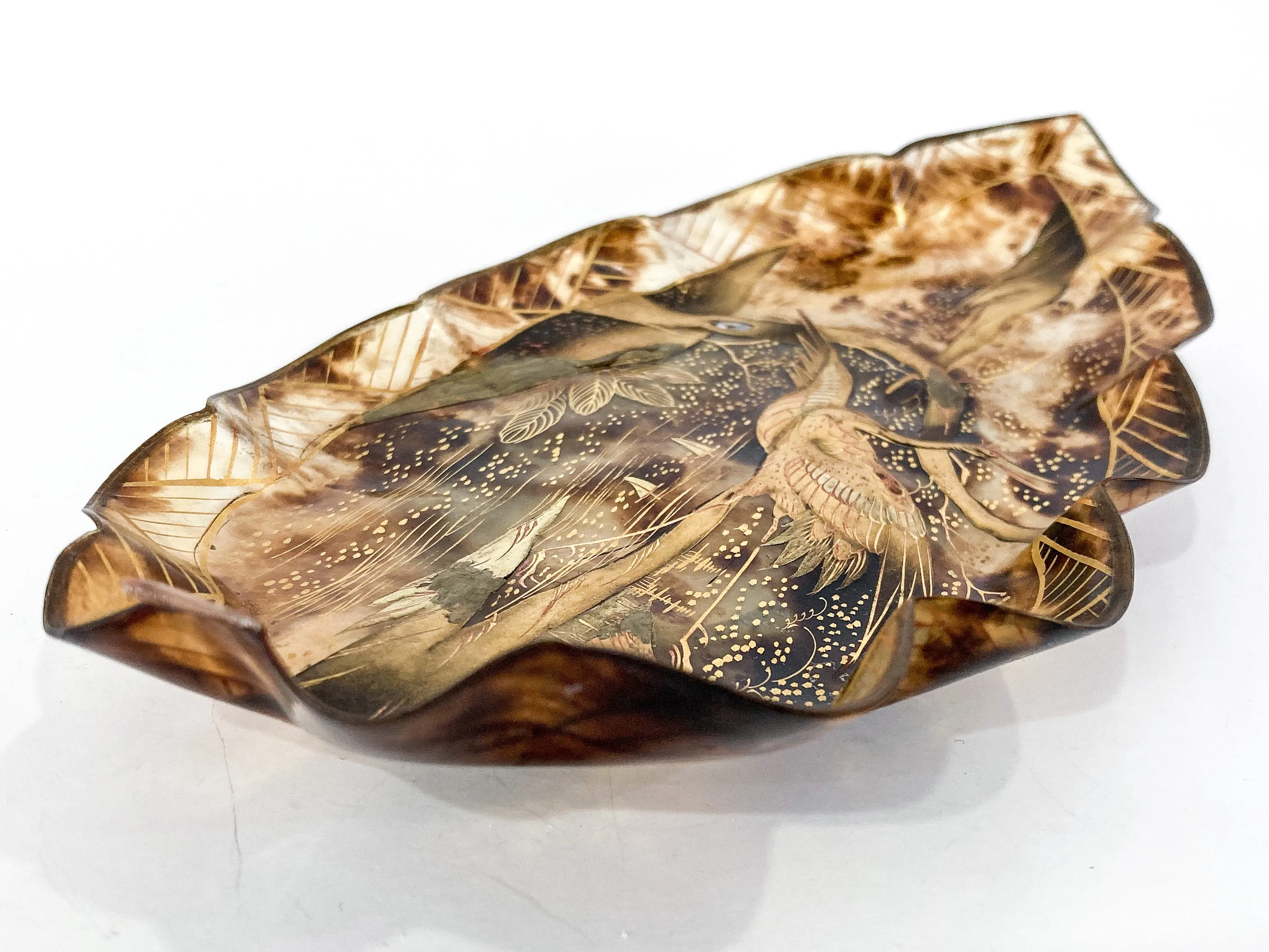 Antique Leaf Shape Gilt Crane Tortoise Shell Lacquer Dish Japanese Tray