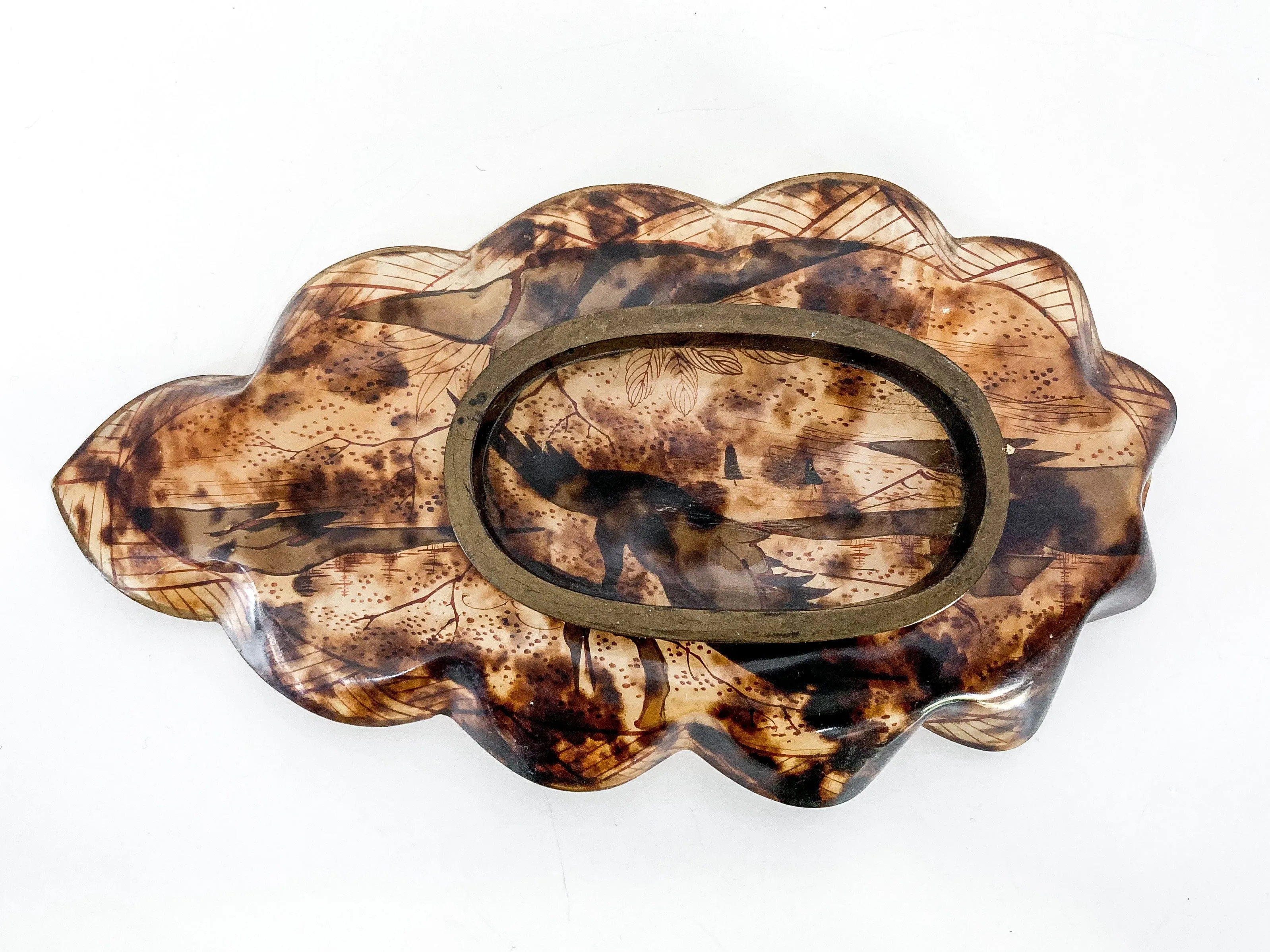 Antique Leaf Shape Gilt Crane Tortoise Shell Lacquer Dish Japanese Tray