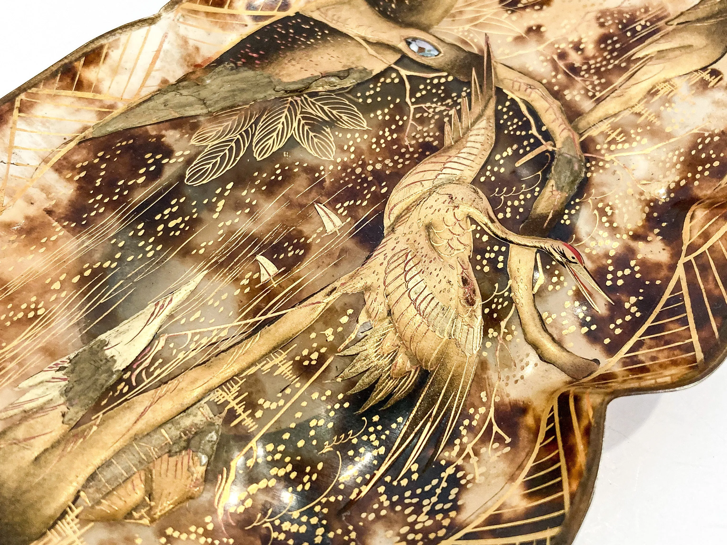 Antique Leaf Shape Gilt Crane Tortoise Shell Lacquer Dish Japanese Tray