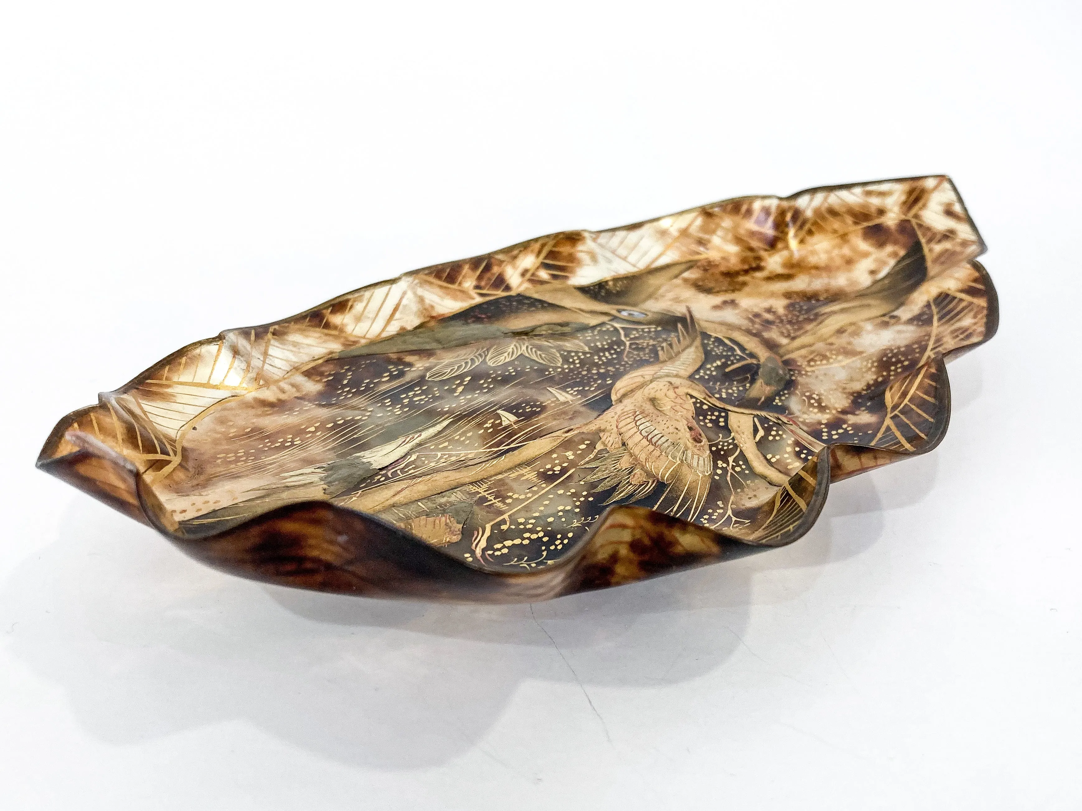 Antique Leaf Shape Gilt Crane Tortoise Shell Lacquer Dish Japanese Tray