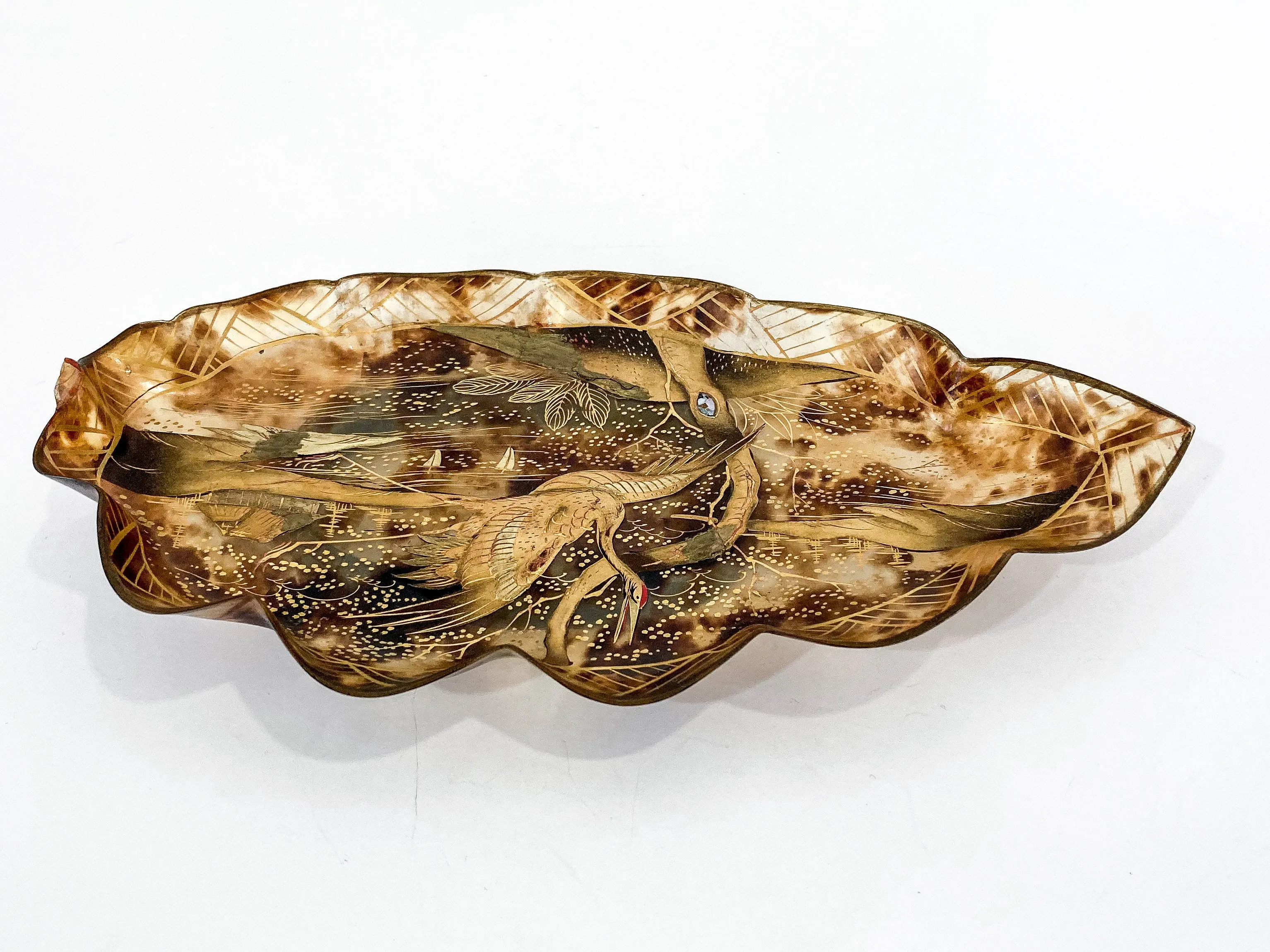 Antique Leaf Shape Gilt Crane Tortoise Shell Lacquer Dish Japanese Tray