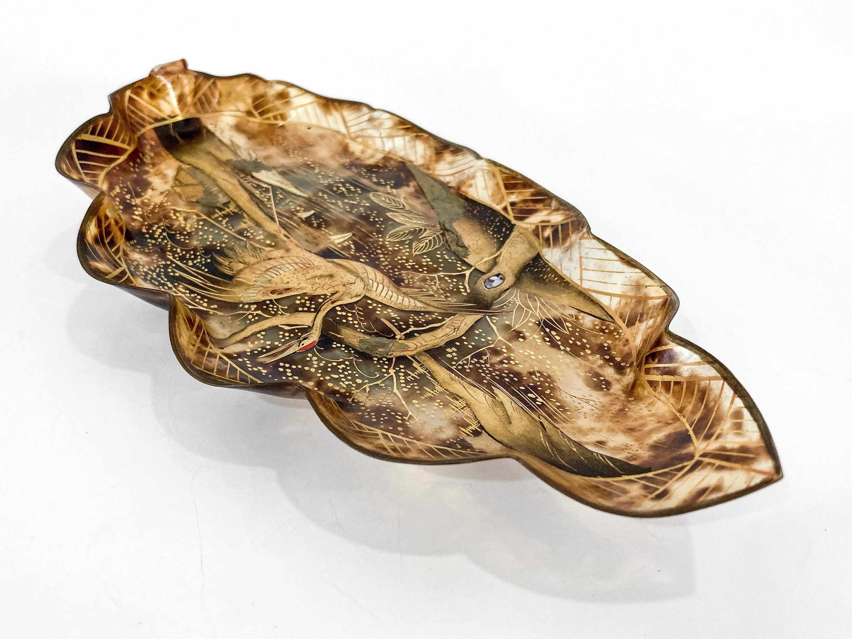 Antique Leaf Shape Gilt Crane Tortoise Shell Lacquer Dish Japanese Tray