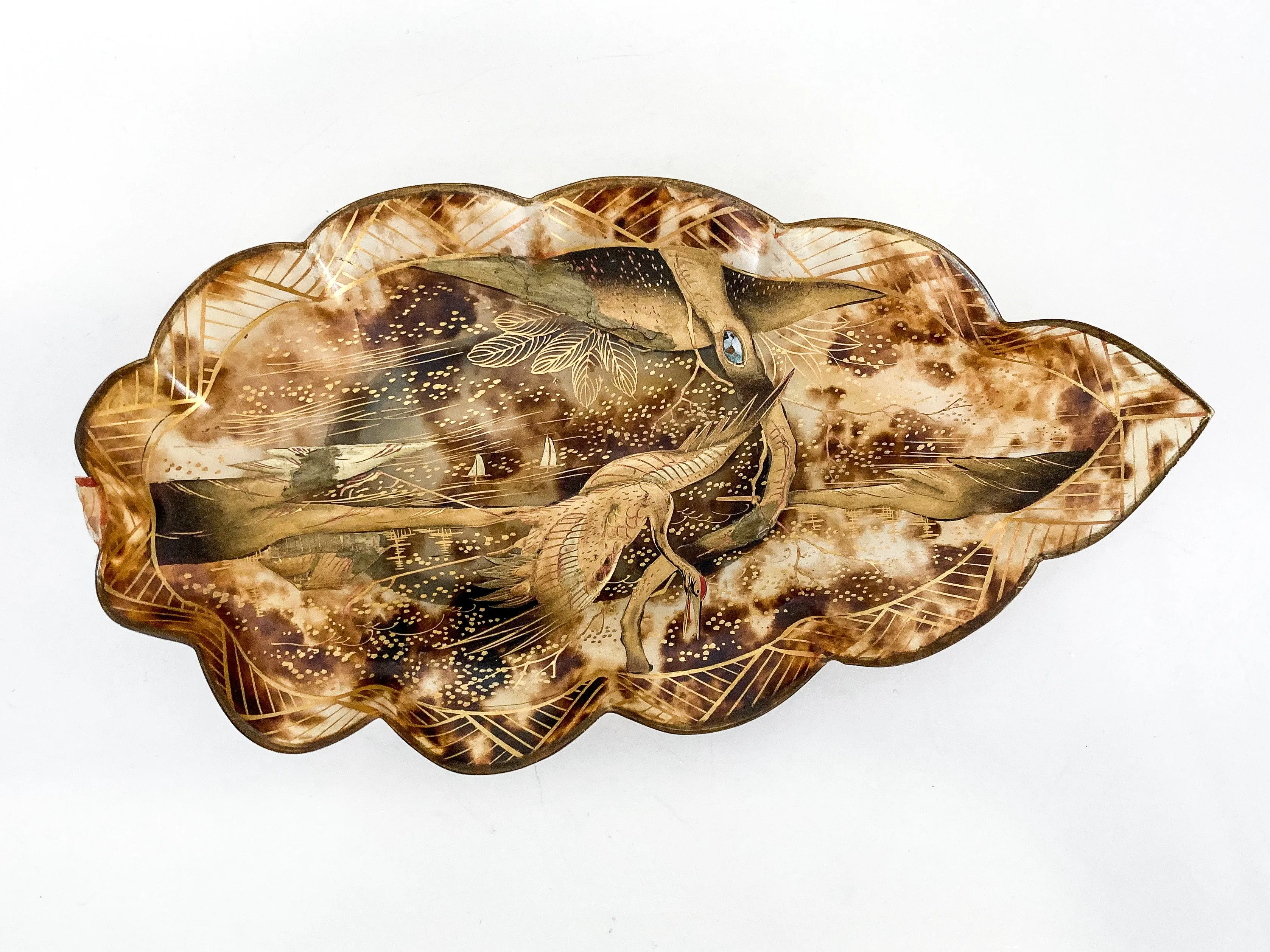 Antique Leaf Shape Gilt Crane Tortoise Shell Lacquer Dish Japanese Tray