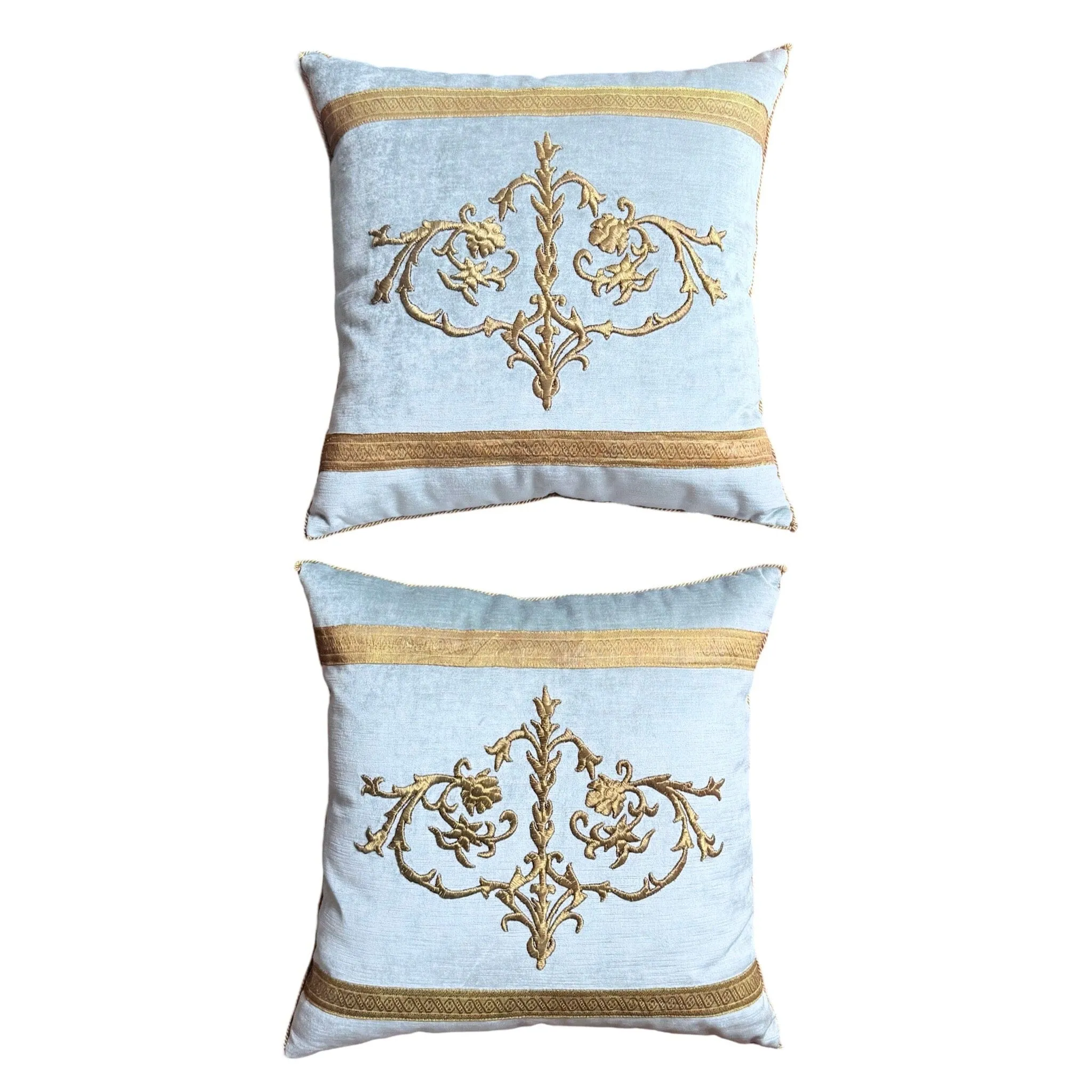 Antique Ottoman Empire Raised Gold Metallic Embroidery (#E080524A&B | 21x 21")