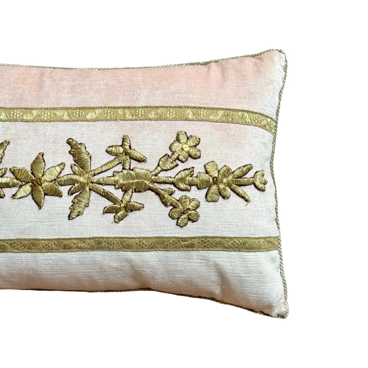 Antique Ottoman Empire Raised Silver Metallic Embroidery on Blush Pink Velvet (#E042924 |12 x 21")