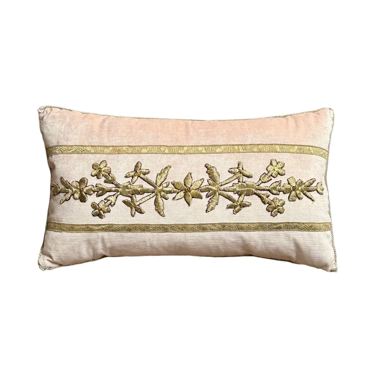 Antique Ottoman Empire Raised Silver Metallic Embroidery on Blush Pink Velvet (#E042924 |12 x 21")