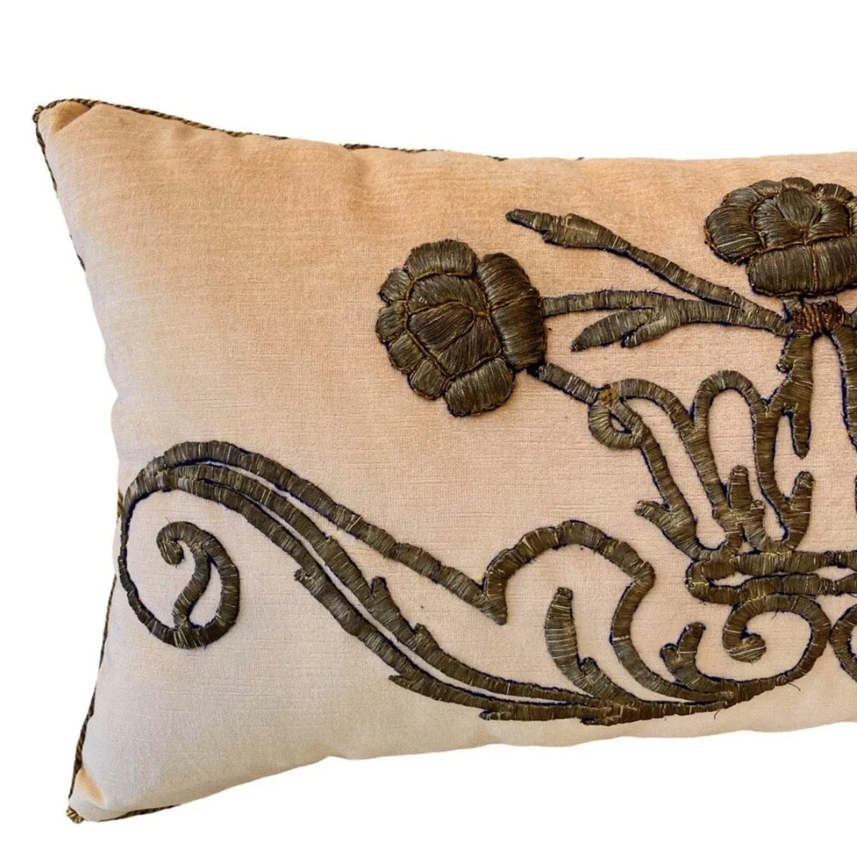 Antique Ottoman Empire Raised Silvery Gold Metallic Embroidery (#E031223 | 15 x 27 1/2")