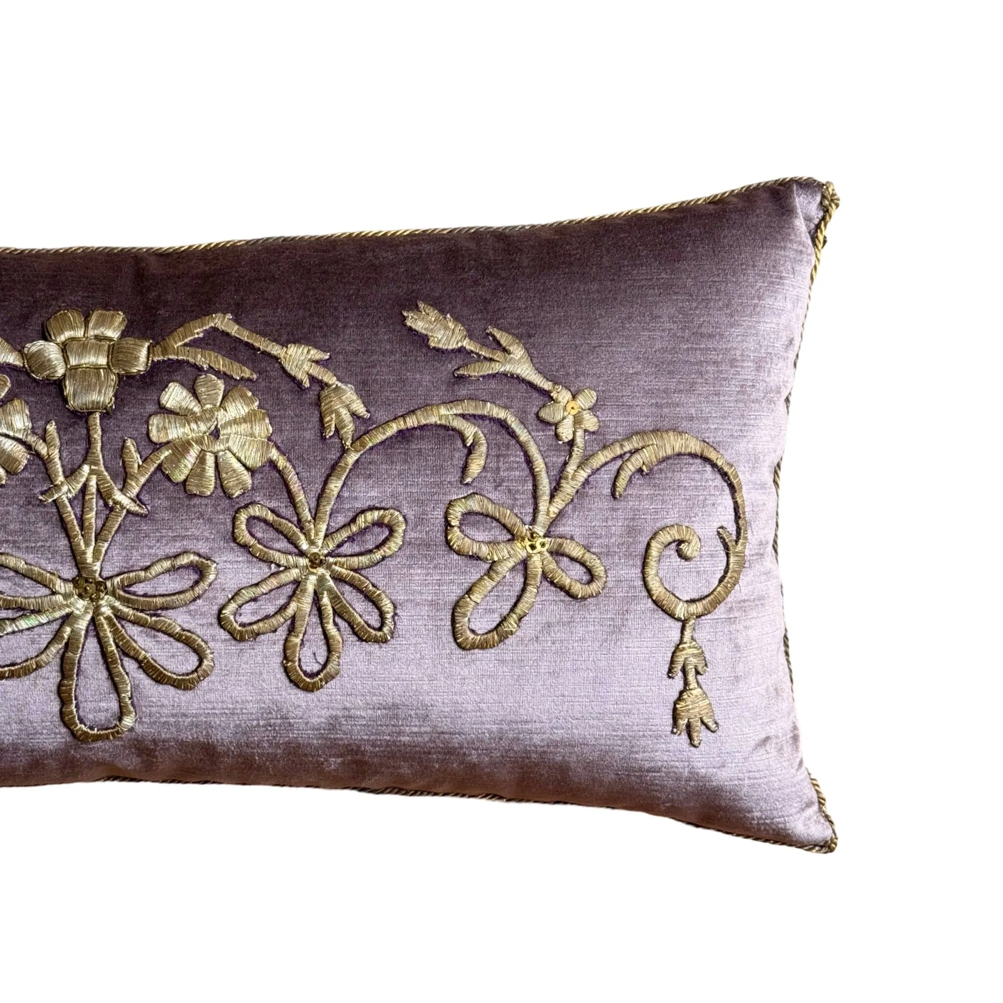 Antique Ottoman Empire Silver Metallic Embroidery on Lavender Velvet (#E052124 | 14 x 29")