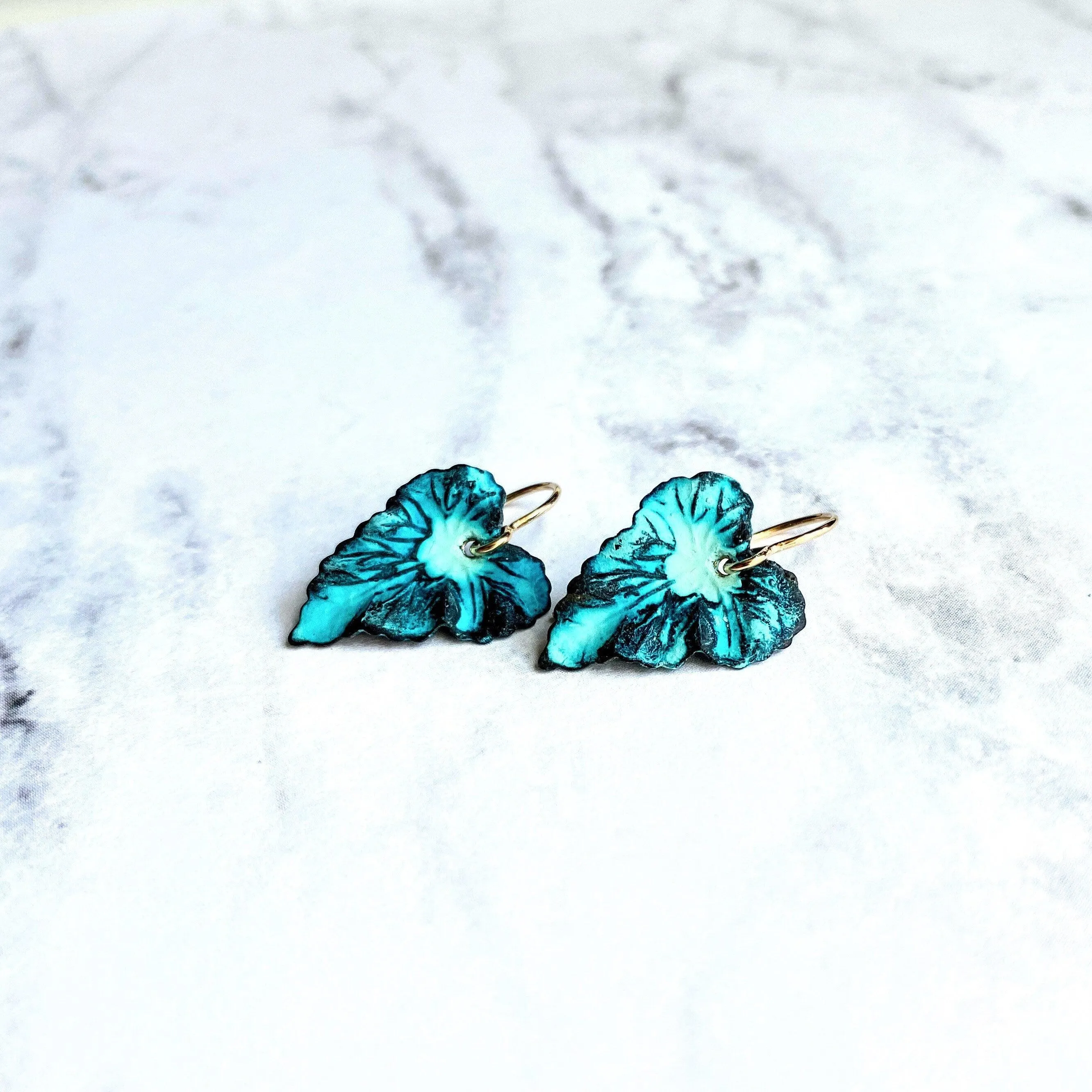 Aqua Leaf Earrings, 14K gold fill hooks, blue green leaf earrings, verdigris patina leaves, patina earrings, wavy leaf earrings large leaves