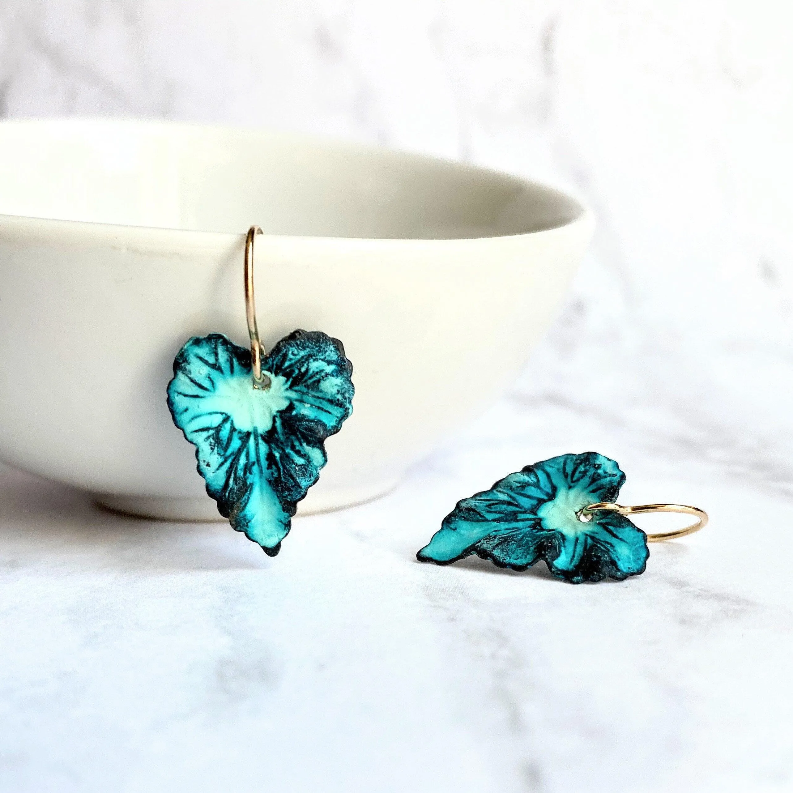 Aqua Leaf Earrings, 14K gold fill hooks, blue green leaf earrings, verdigris patina leaves, patina earrings, wavy leaf earrings large leaves